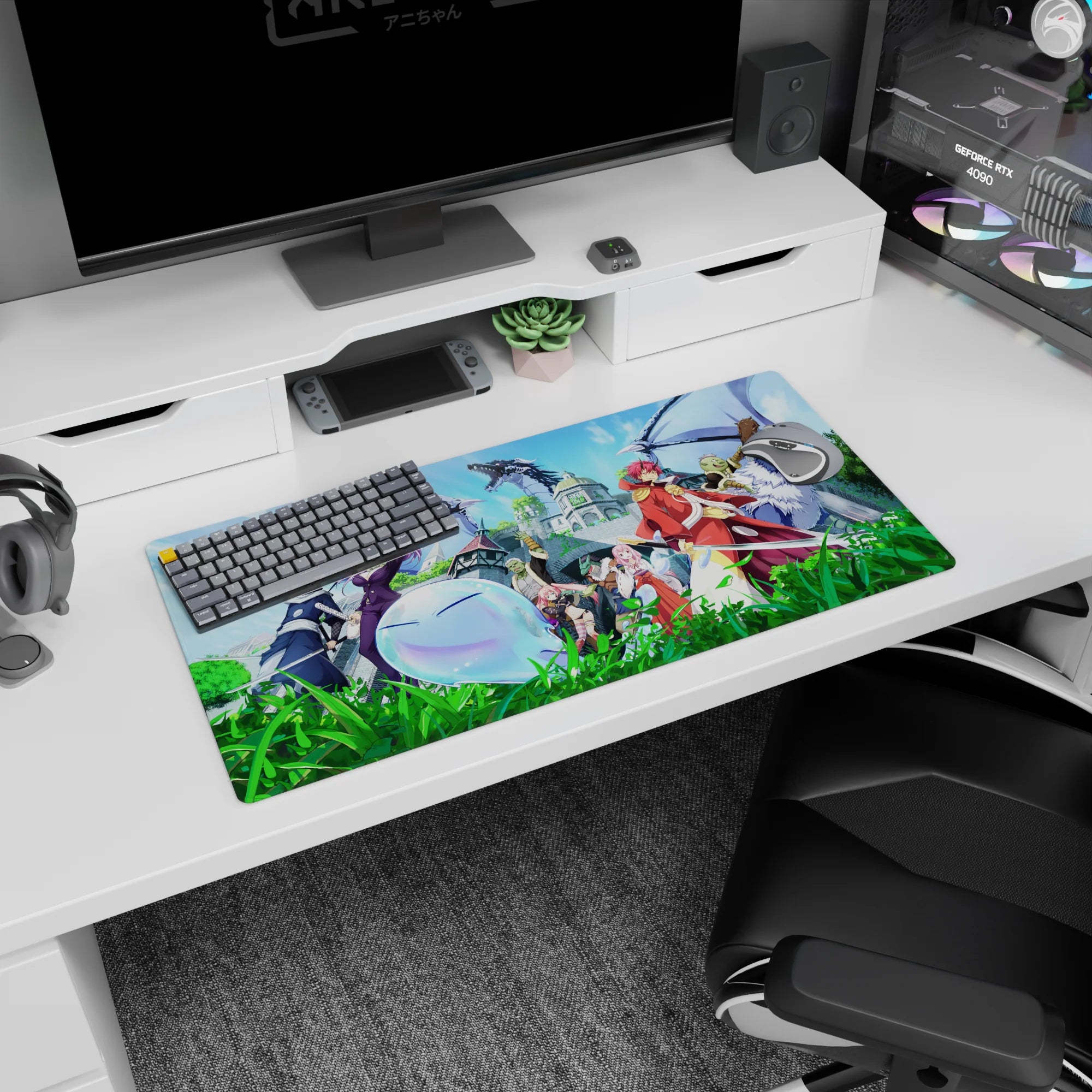 32x16 inches anime mouse pad showing red-haired warrior leading beside a smiling winged blue slime.