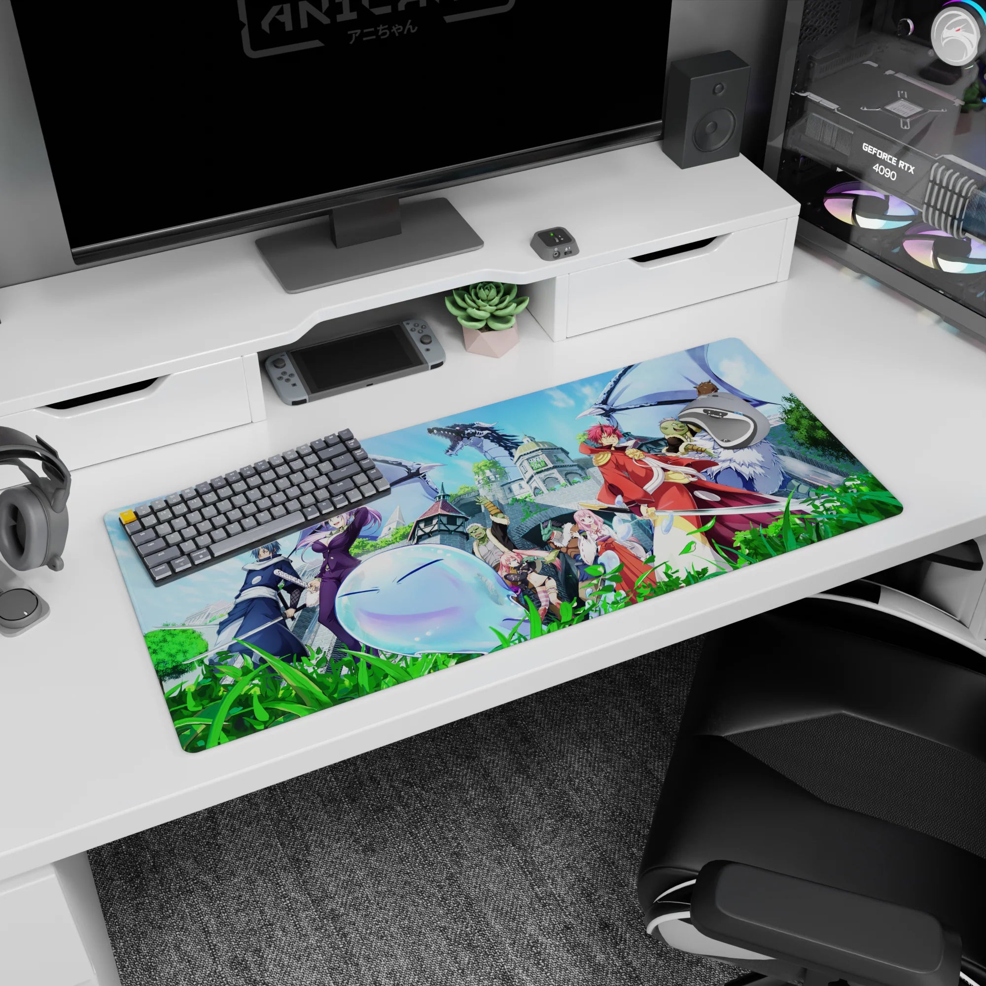 Anime desk pad 36x16 inches featuring red-haired warrior, glowing magic, and winged blue slime front.