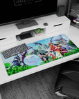 Anime desk pad 36x16 inches featuring red-haired warrior, glowing magic, and winged blue slime front.