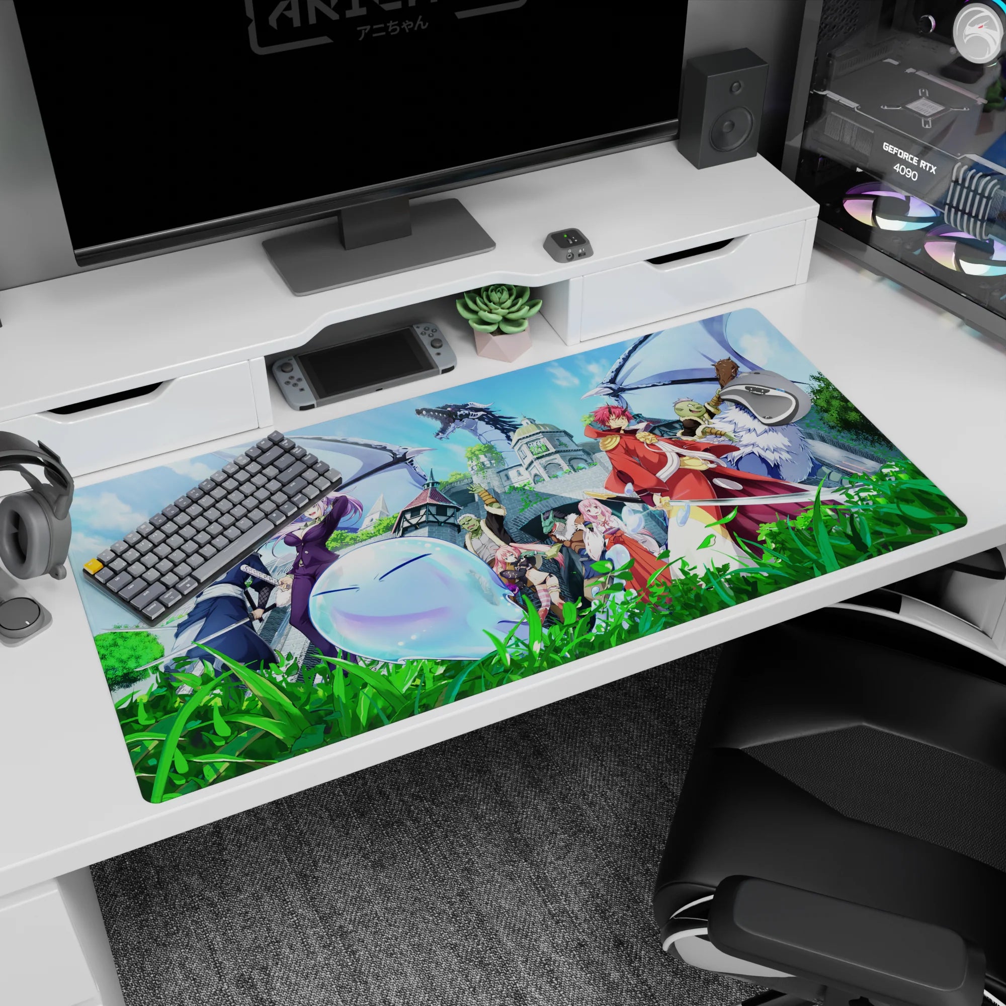 Anime desk pad 40x20 inches featuring red-haired warrior leading, winged blue slime, capes and blades.