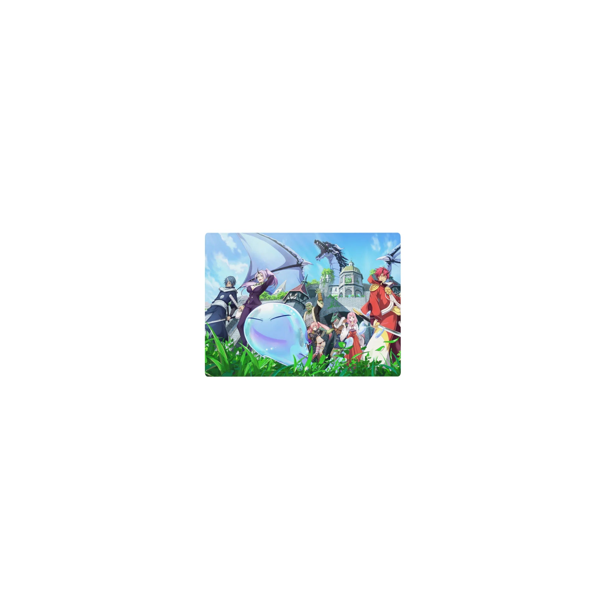 Classic anime mouse pad 14x10 inches with fantasy squad, blue slime with wings, and castle city backdrop.