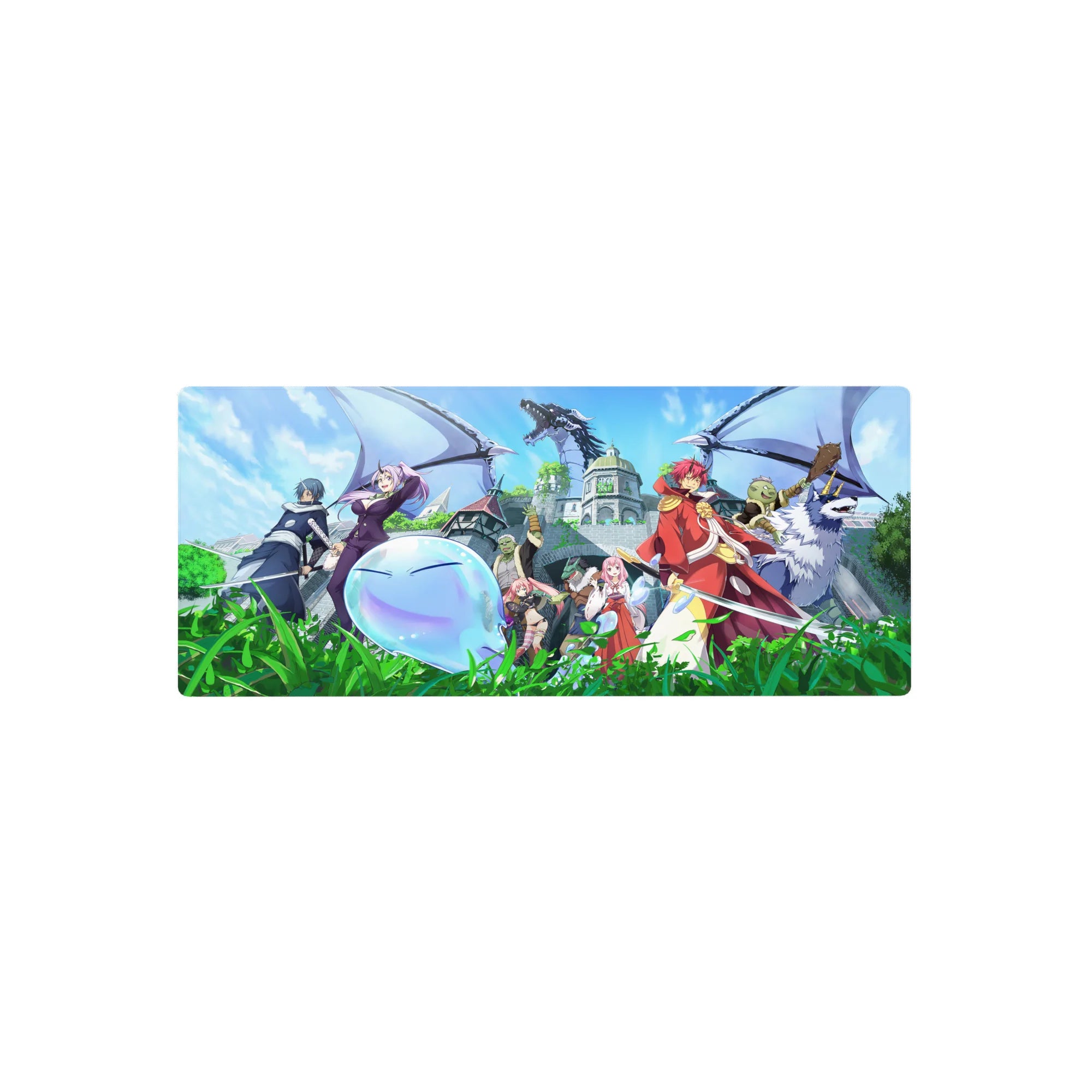 Anime mouse pad 28x12 inches with fantasy squad, blue slime with wings, and shining castle city.
