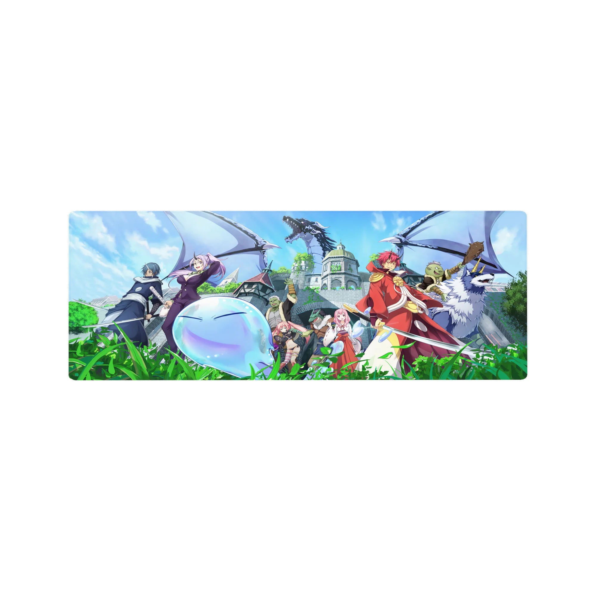 32x12 inches anime mouse pad with fantasy squad, blue slime with wings, and shining castle city backdrop.