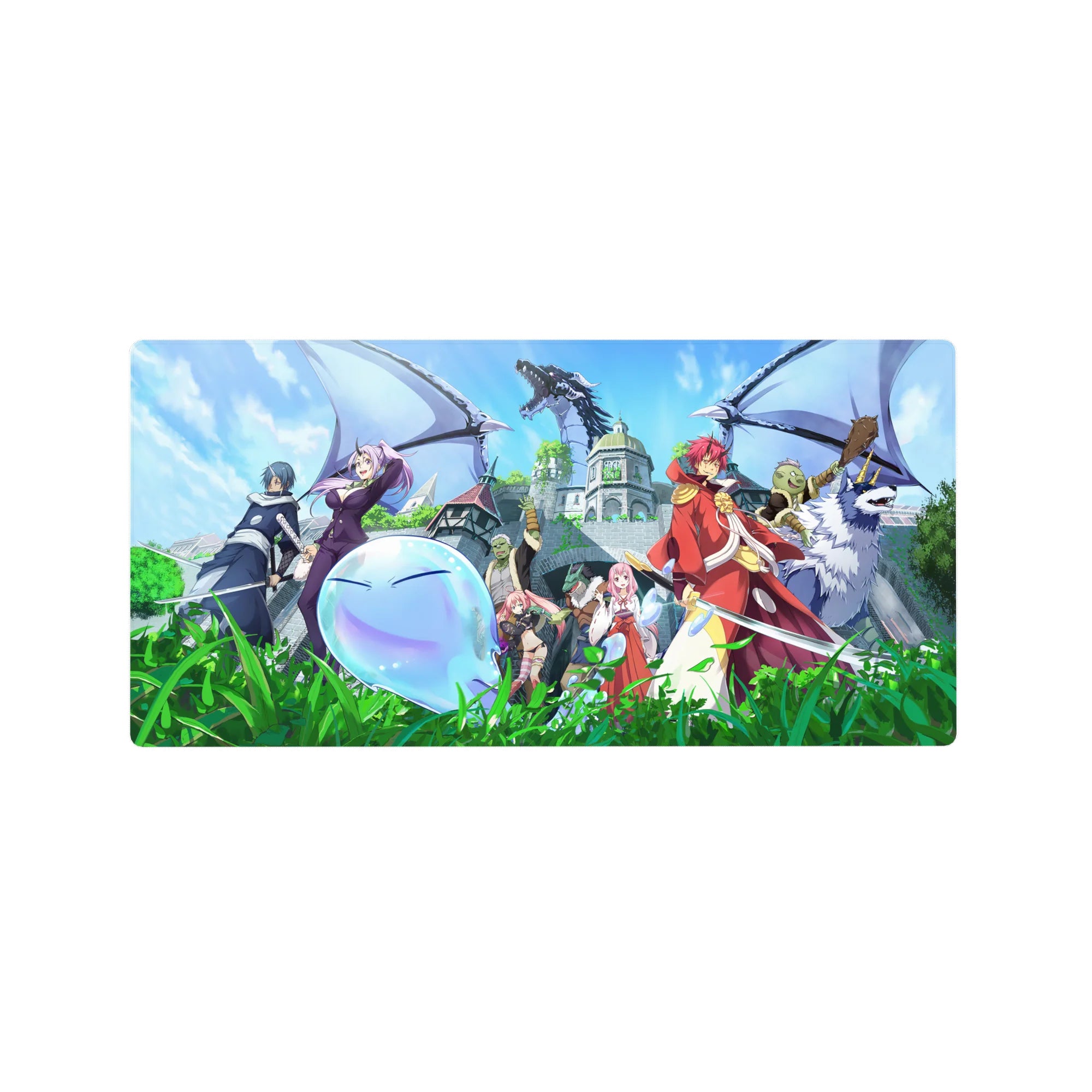 32x16 inches anime mouse pad featuring fantasy squad, blue slime with wings, and castle city backdrop.