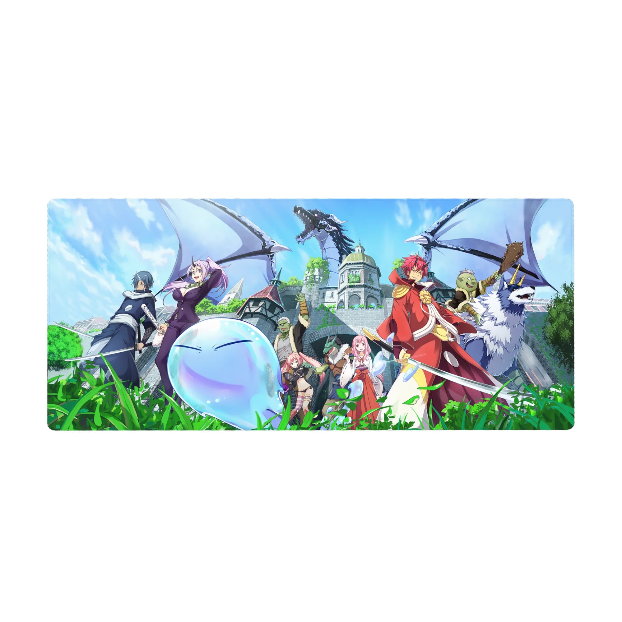 Anime desk pad 36x16 inches with fantasy squad, blue slime with wings, and castle city backdrop.