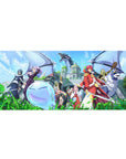 Anime desk pad 36x16 inches with fantasy squad, blue slime with wings, and castle city backdrop.