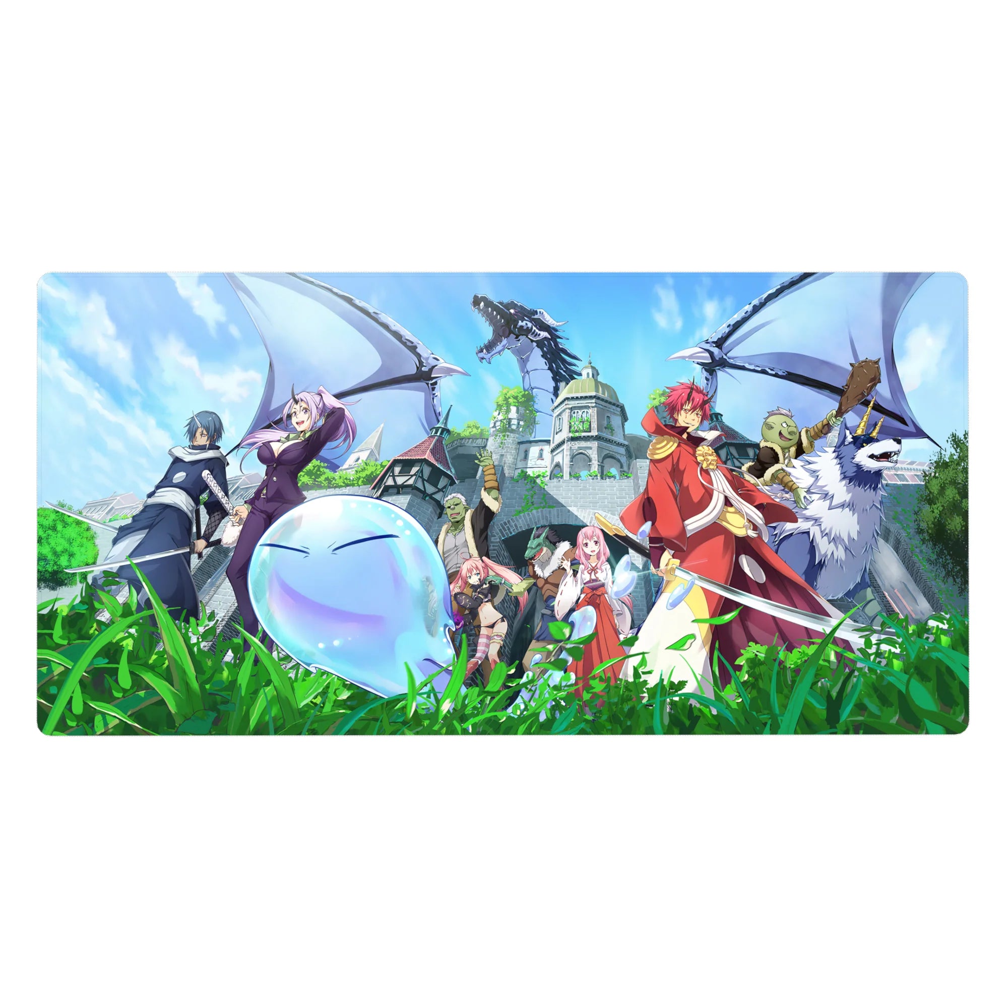 Anime desk pad 40x20 inches with fantasy squad, blue slime with wings, and castle city backdrop.