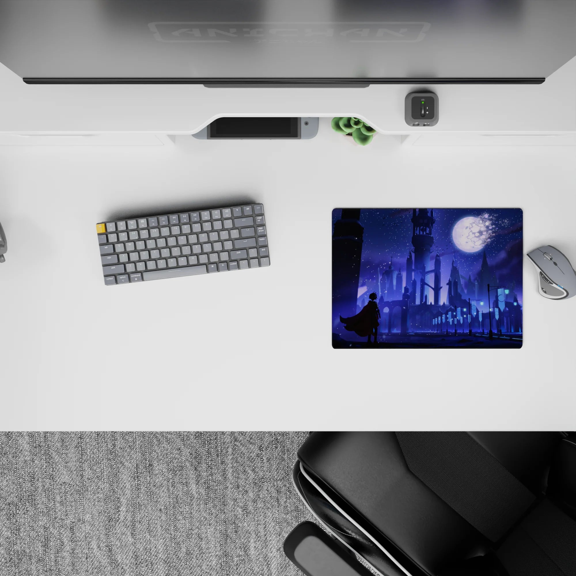 Violet and icy blue 14x10 inches anime mouse pad with calm, snowy sparkles and dreamy contrast lighting.