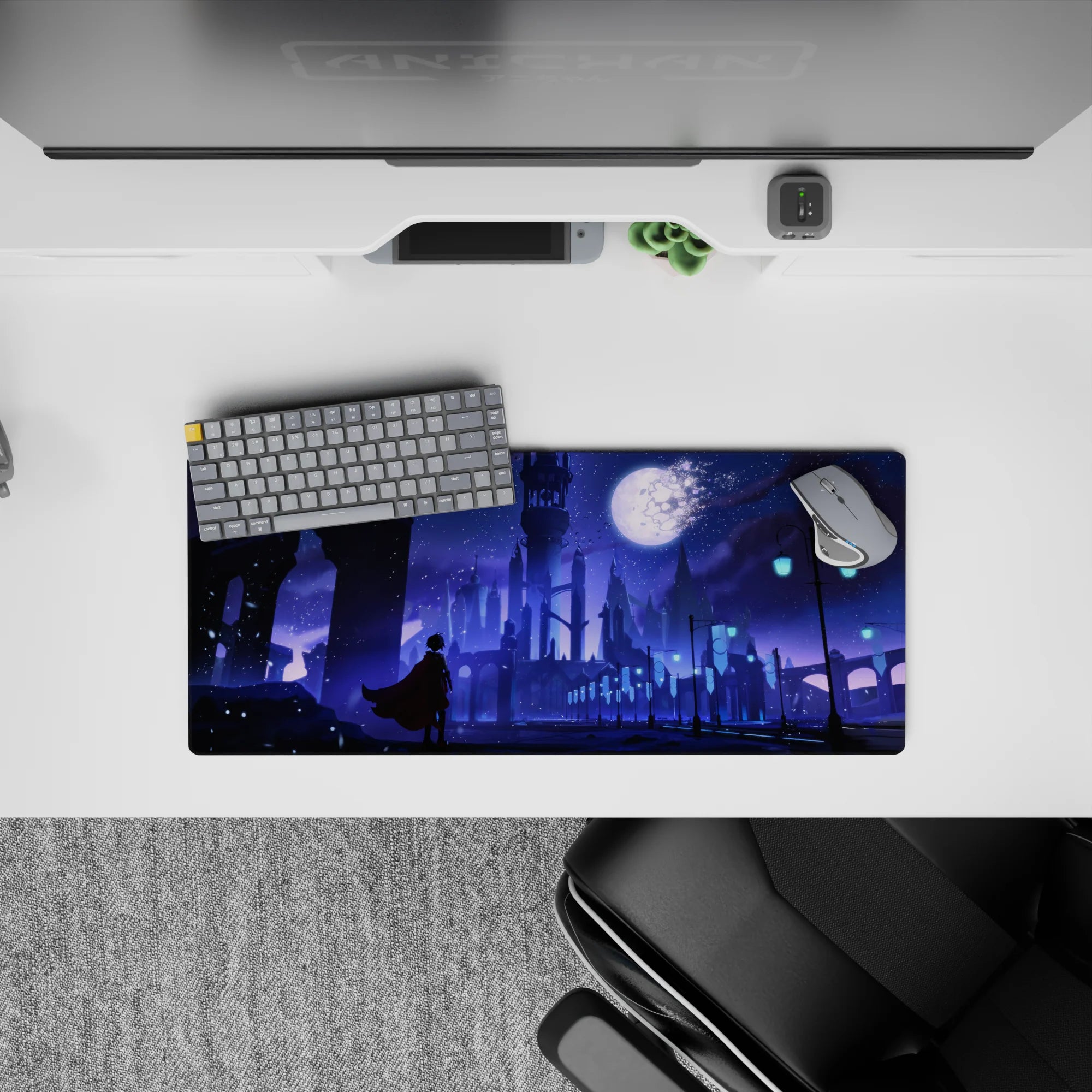 28x12 inches anime mouse pad in deep violet and icy blue, calm intense mood with snowy sparkles.
