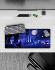 28x12 inches anime mouse pad in deep violet and icy blue, calm intense mood with snowy sparkles.