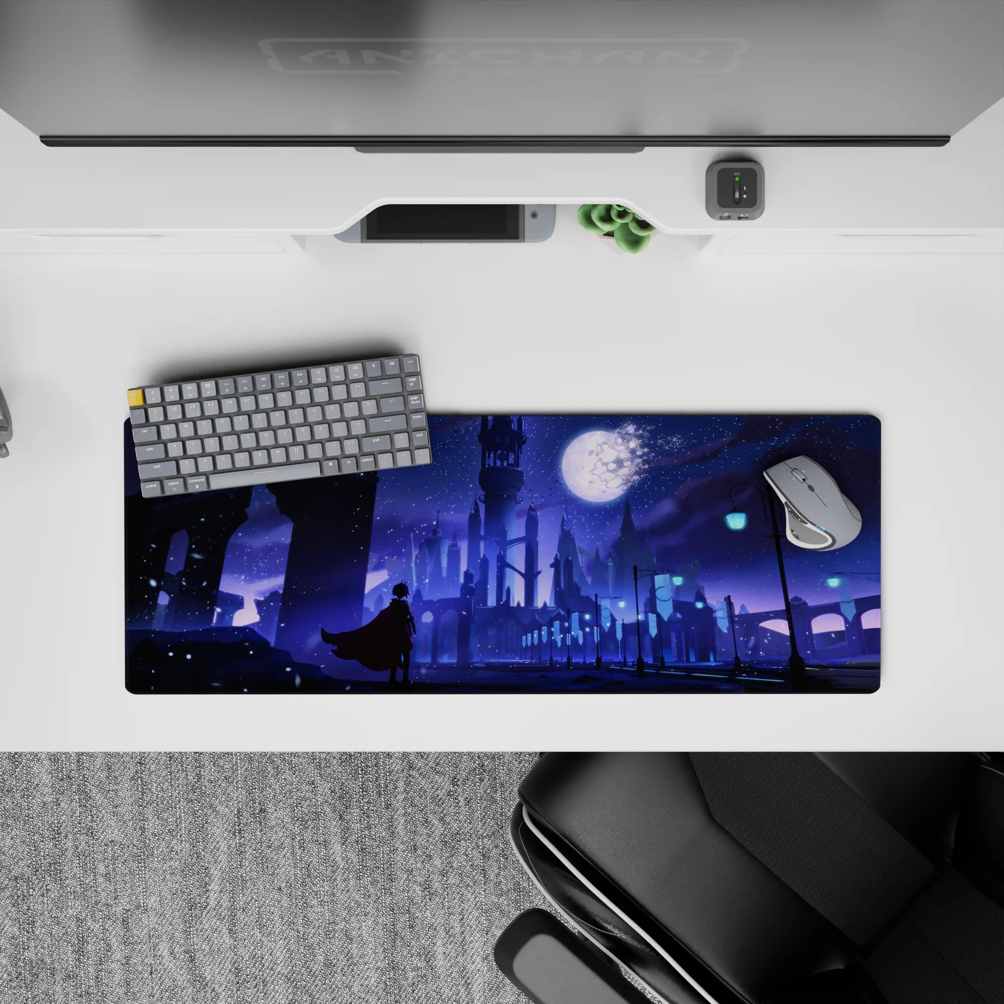 32x12 inches anime mouse pad in deep violet and icy blue, calm intense mood with snowy sparkles.