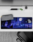 32x12 inches anime mouse pad in deep violet and icy blue, calm intense mood with snowy sparkles.