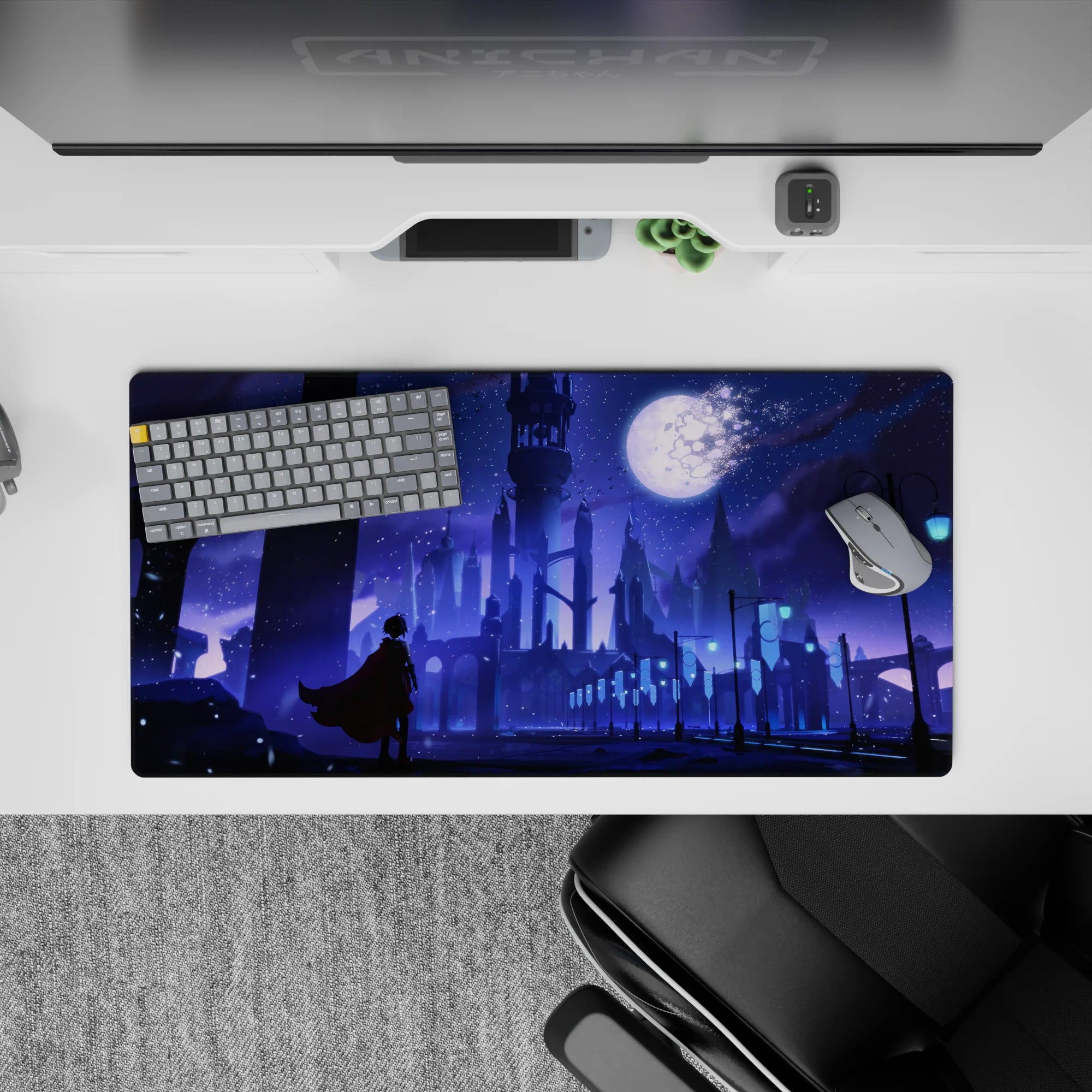 32x16 inches anime mouse pad in deep violet and icy blue, calm intense mood with snowy sparkles.
