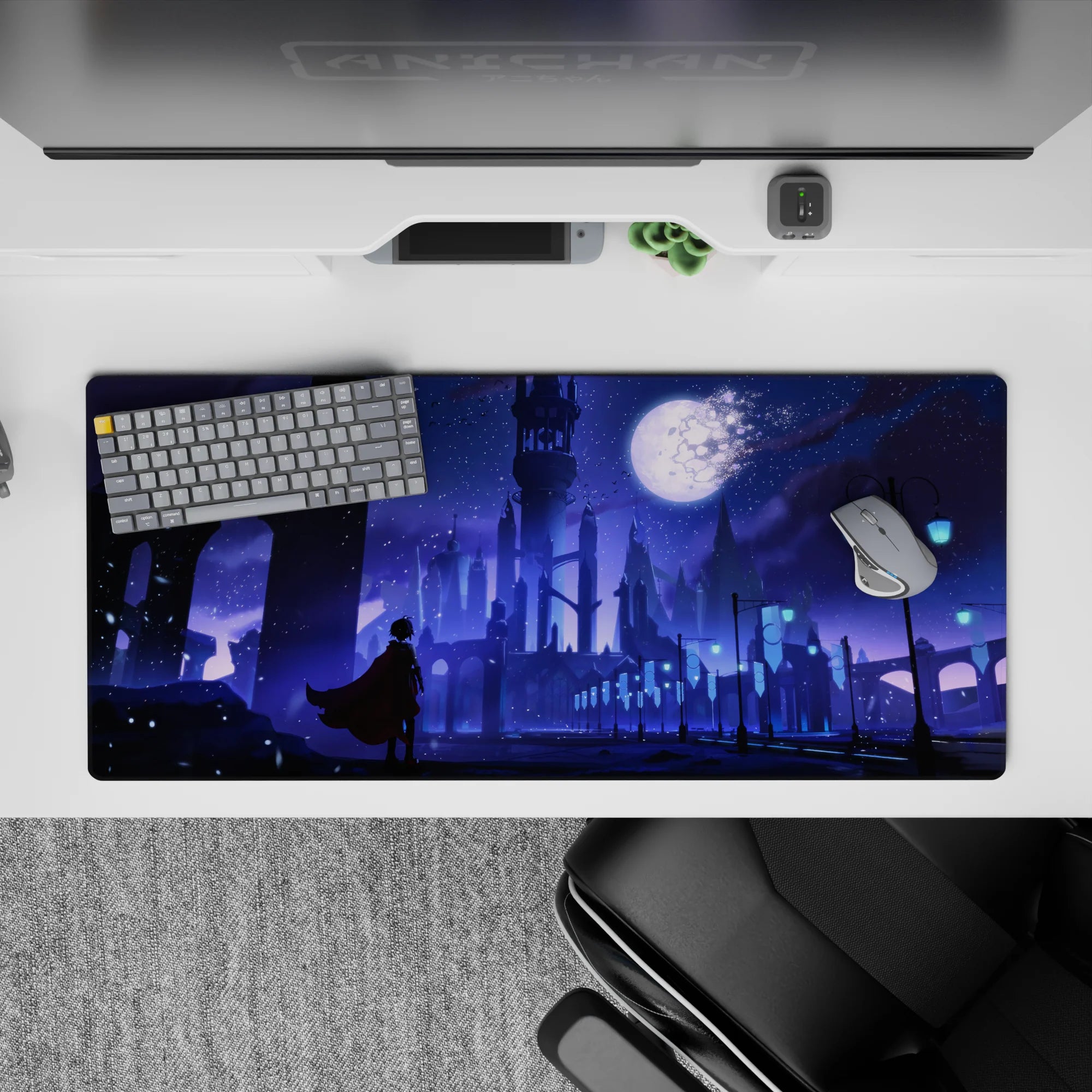 Violet and icy blue moonlit anime desk pad with snowy sparkles, calm intense mood, 36x16 inches.