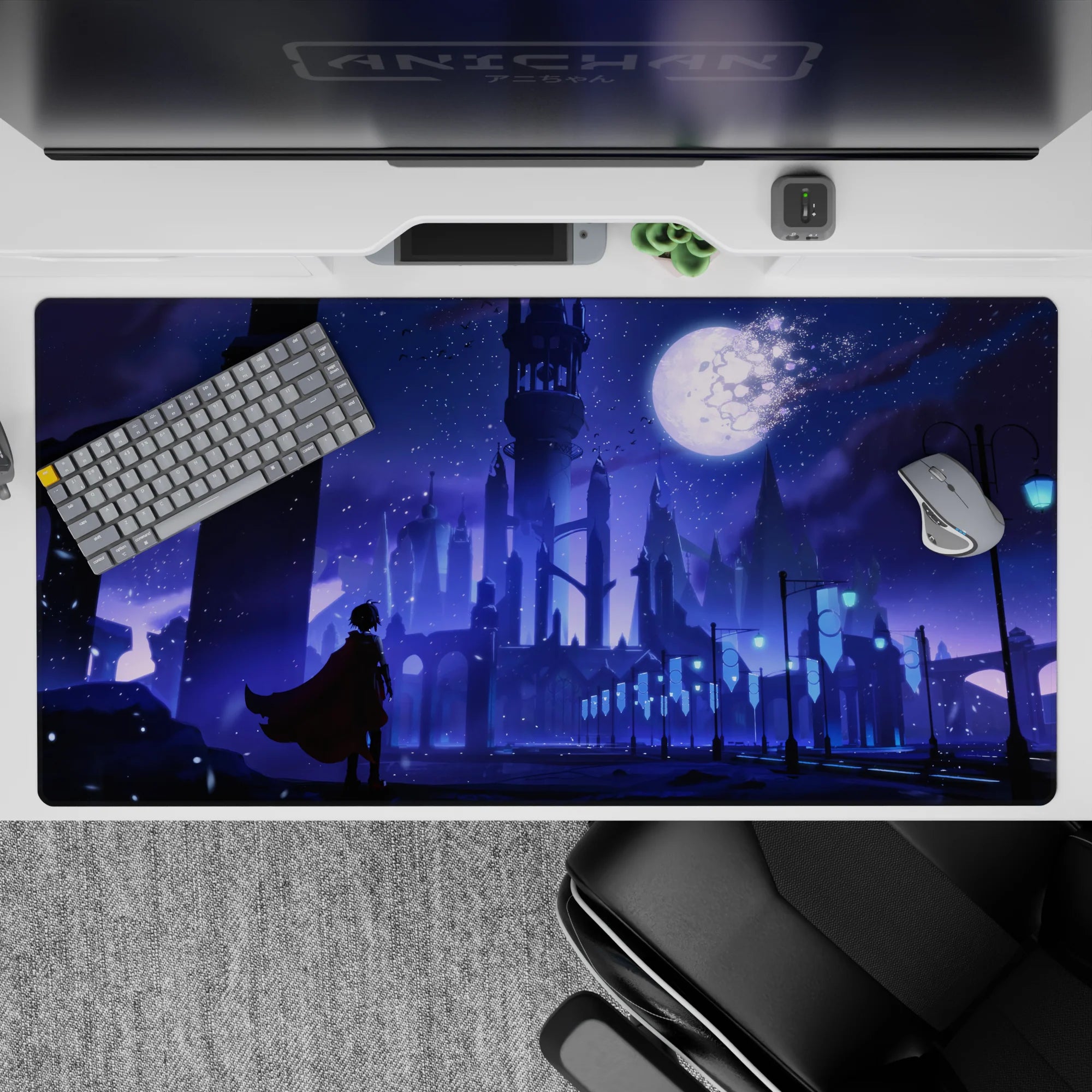 Violet and icy blue anime desk pad 40x20 inches with calm moonlight, snowy sparkles, dreamy contrast.