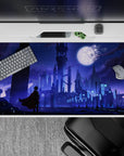 Violet and icy blue anime desk pad 40x20 inches with calm moonlight, snowy sparkles, dreamy contrast.