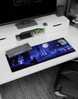 32x12 inches anime mouse pad showing a cloaked hero silhouette guarding a snowy city at night.