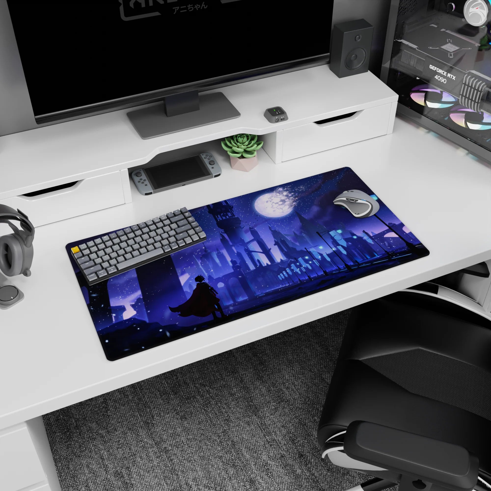 32x16 inches anime mouse pad featuring a silhouetted anime hero in a sweeping cloak guarding a city.
