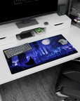 32x16 inches anime mouse pad featuring a silhouetted anime hero in a sweeping cloak guarding a city.