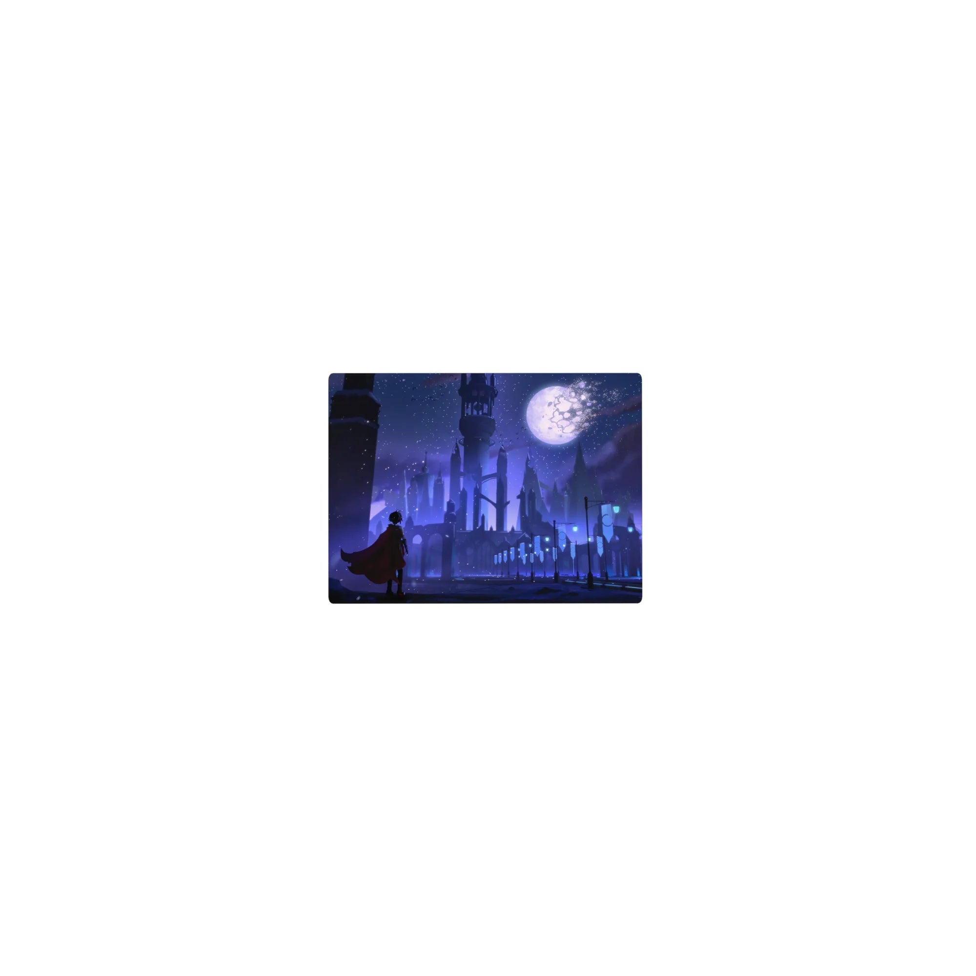 Classic anime mouse pad 14x10 inches with moonlit gothic city skyline, spires, arches, and cyan lamps.