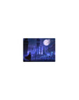 Classic anime mouse pad 14x10 inches with moonlit gothic city skyline, spires, arches, and cyan lamps.