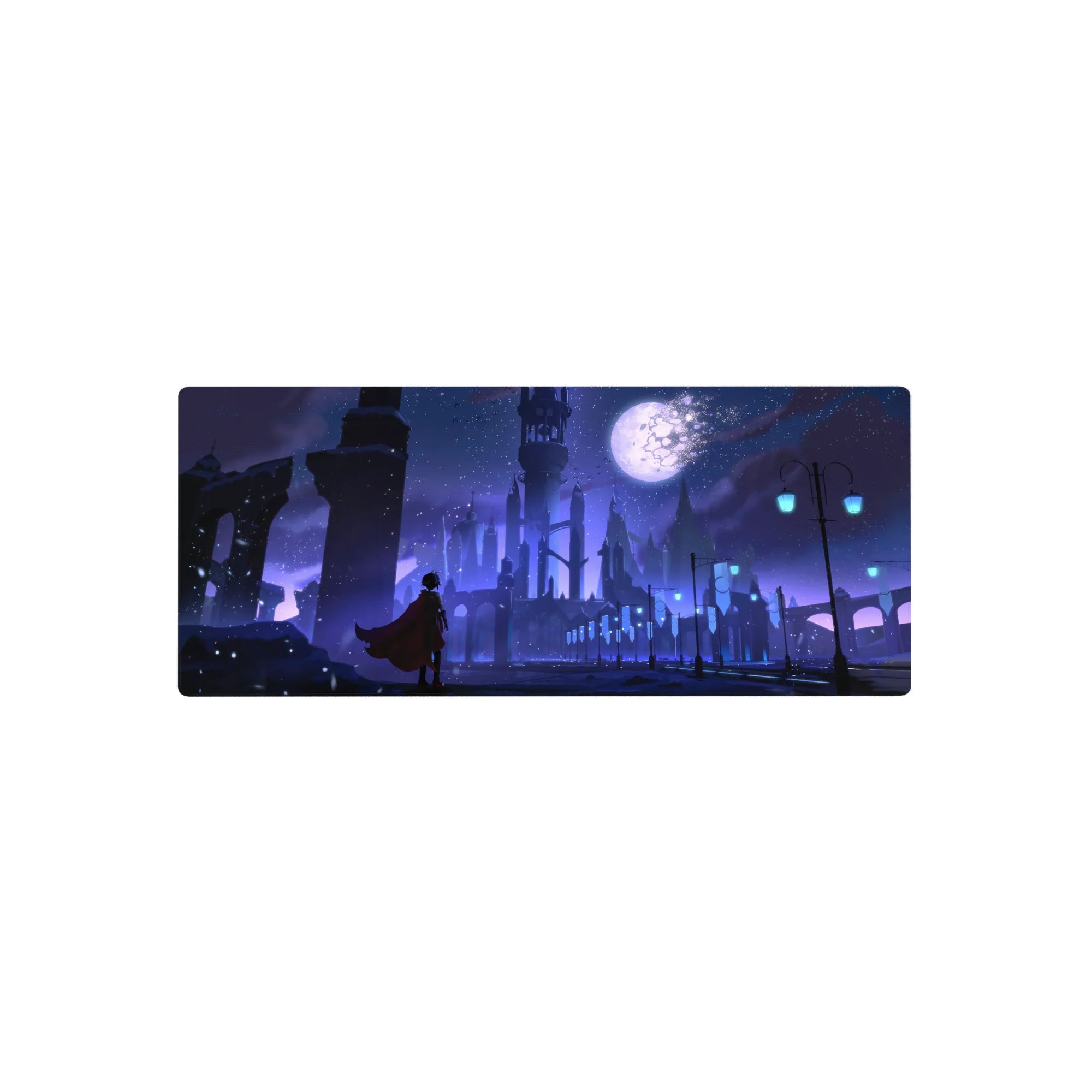 28x12 inches anime mouse pad with moonlit gothic city skyline, spires, arches, and cyan street lamps.