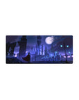 28x12 inches anime mouse pad with moonlit gothic city skyline, spires, arches, and cyan street lamps.