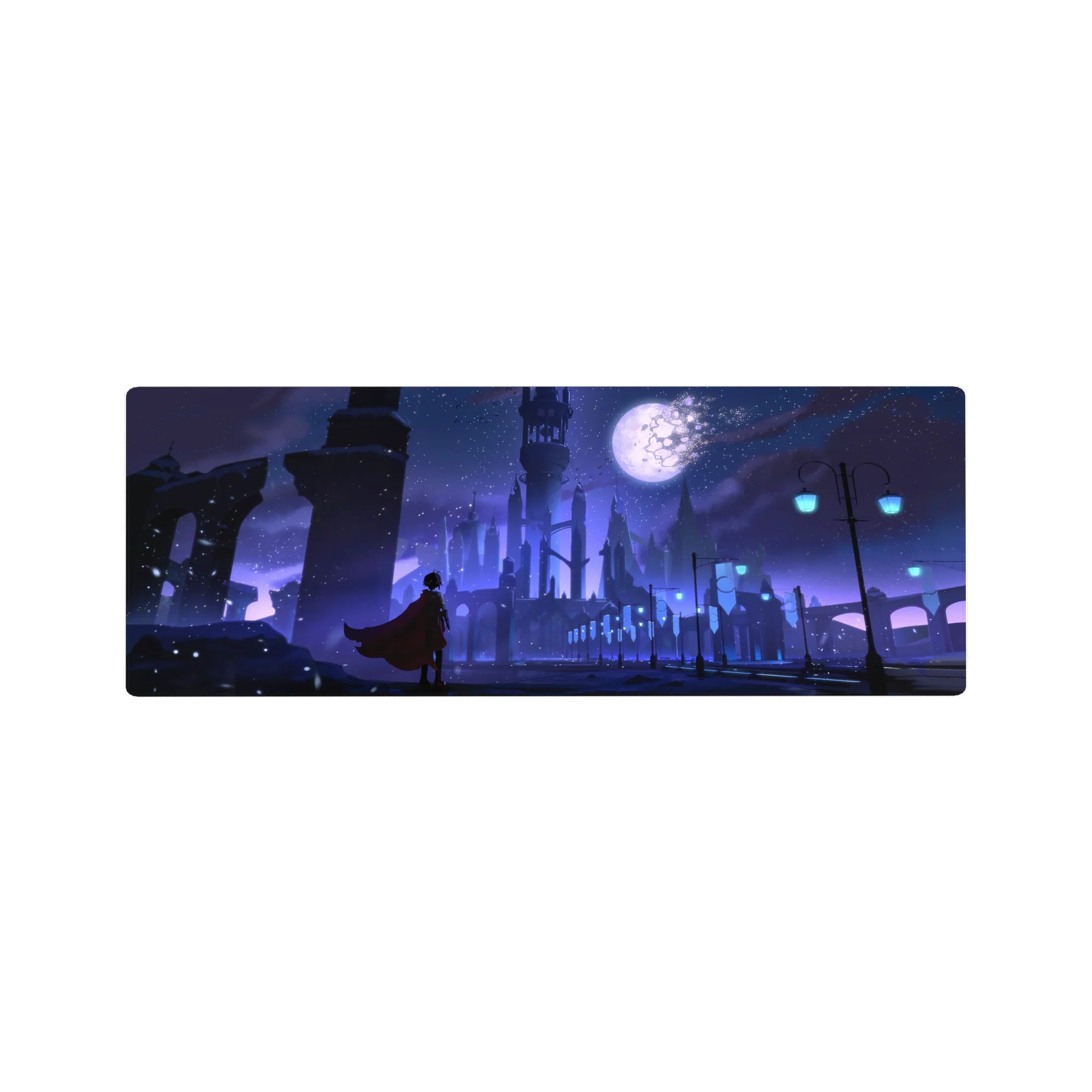 32x12 inches anime mouse pad with moonlit gothic skyline, spires, arches, and cyan street lamps.