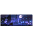 32x12 inches anime mouse pad with moonlit gothic skyline, spires, arches, and cyan street lamps.