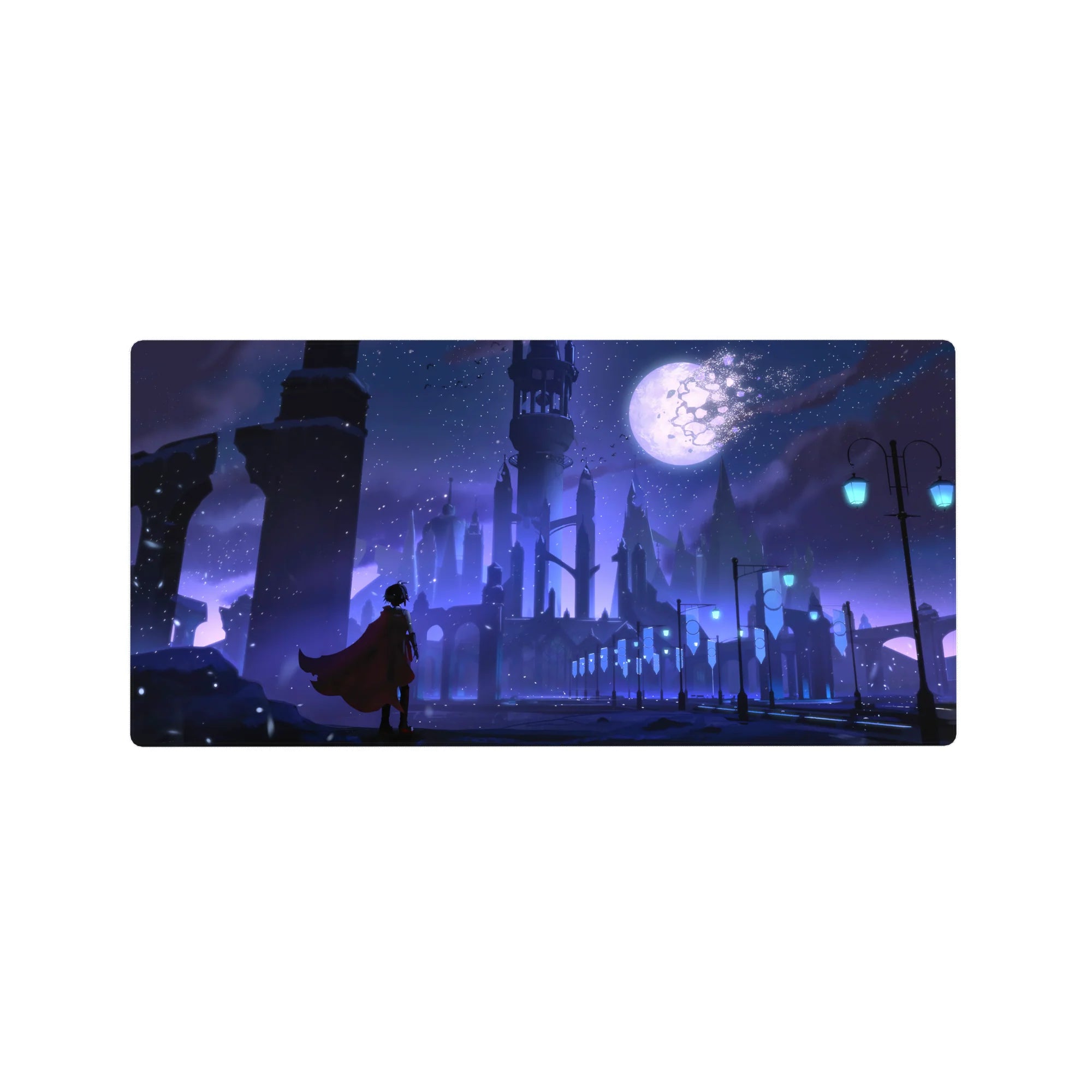 32x16 inches anime mouse pad with moonlit gothic city skyline, spires, arches, and cyan street lamps.