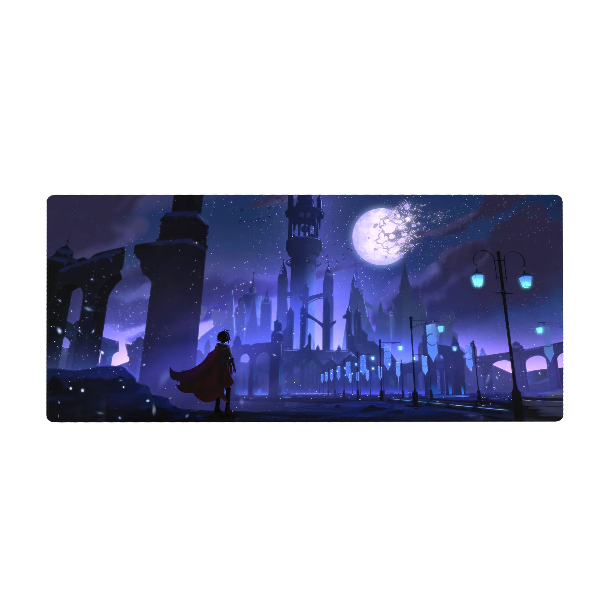 Gothic skyline spires under moonlight anime desk pad, cyan street lamps, 36x16 inches.