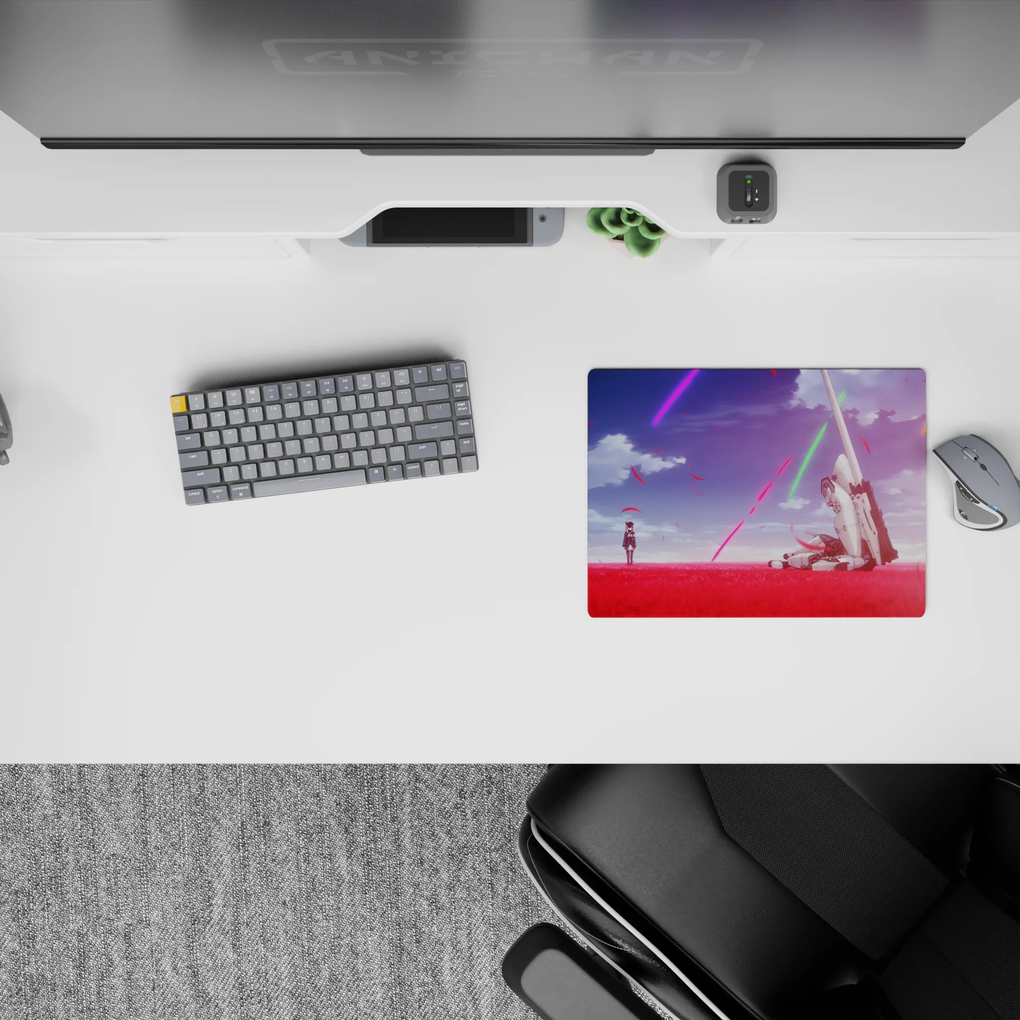 Anime mouse pad 14x10 inches in vivid red and violet tones, calm post-battle mood with neon streaks and leaves.