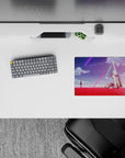 Anime mouse pad 14x10 inches in vivid red and violet tones, calm post-battle mood with neon streaks and leaves.
