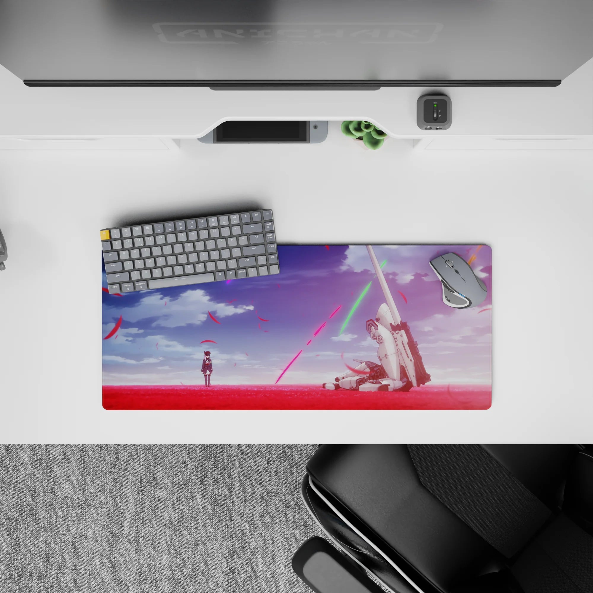 28x12 inches anime mouse pad in vivid reds and violets, neon sky streaks, calm post-battle mood.