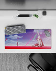 28x12 inches anime mouse pad in vivid reds and violets, neon sky streaks, calm post-battle mood.