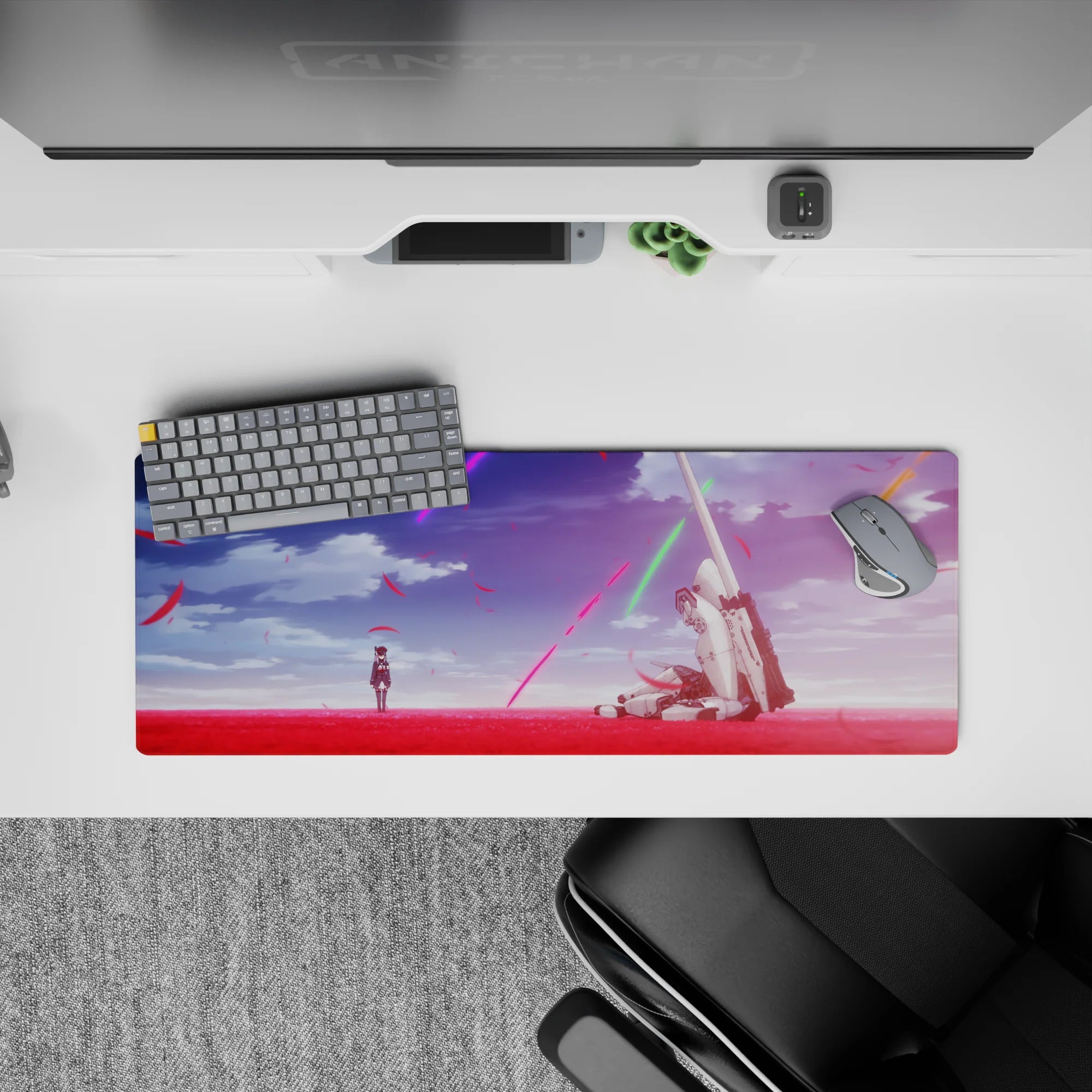 32x12 inches anime mouse pad in vivid red and violet with neon streaks, calm post-battle atmosphere.