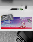 32x12 inches anime mouse pad in vivid red and violet with neon streaks, calm post-battle atmosphere.