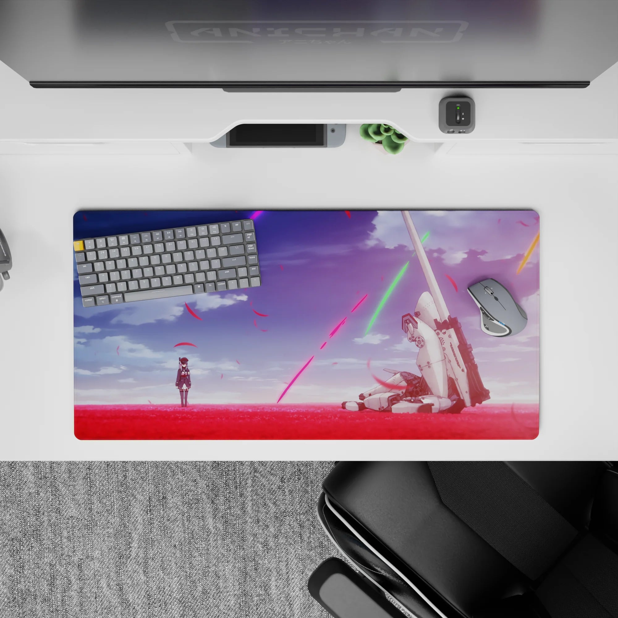 32x16 inches anime mouse pad in vivid reds and violets with neon sky streaks and calm battle-end mood.