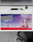 32x16 inches anime mouse pad in vivid reds and violets with neon sky streaks and calm battle-end mood.