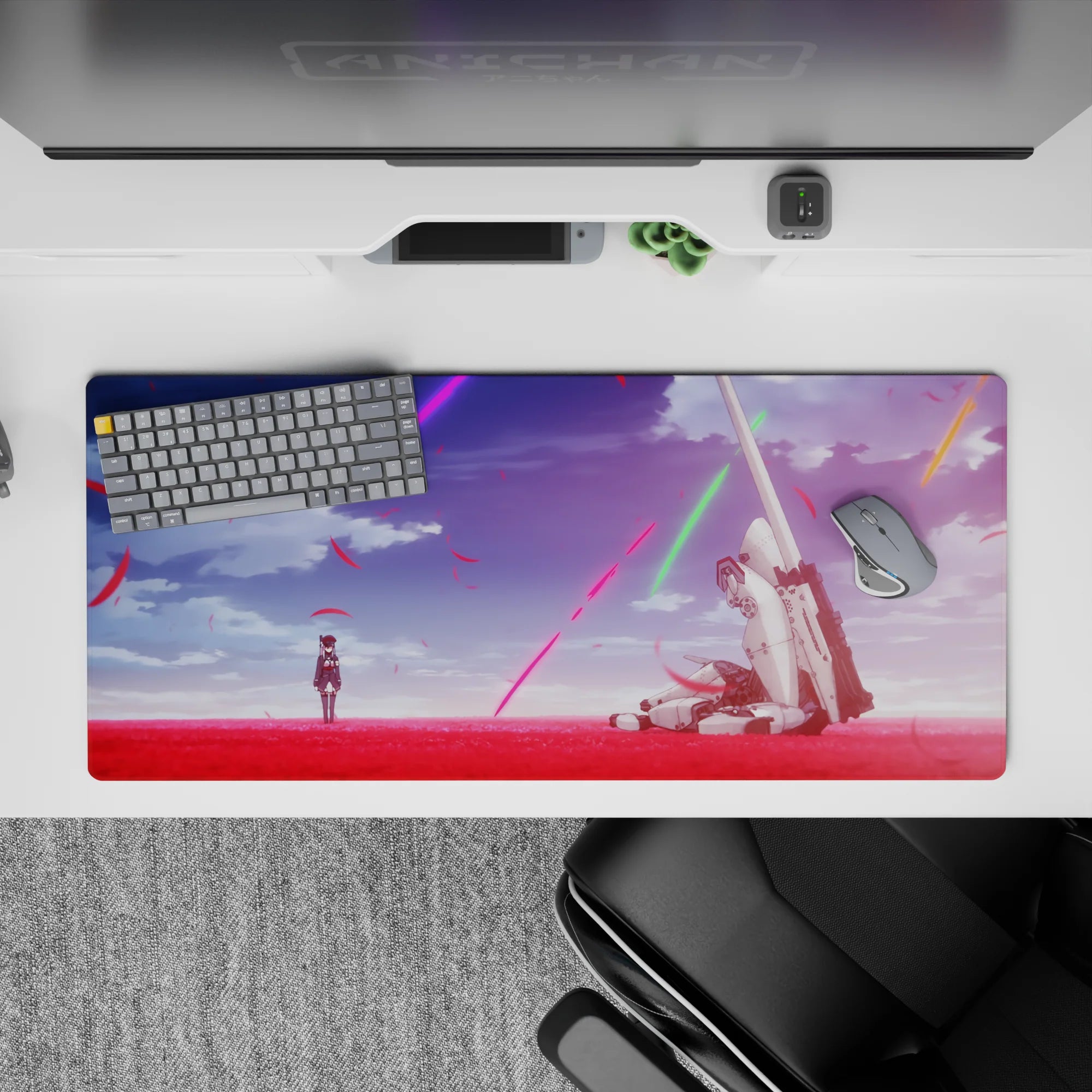 36x16 inches anime desk pad in vivid crimson and violet, neon streaks and drifting leaves, calm after battle.