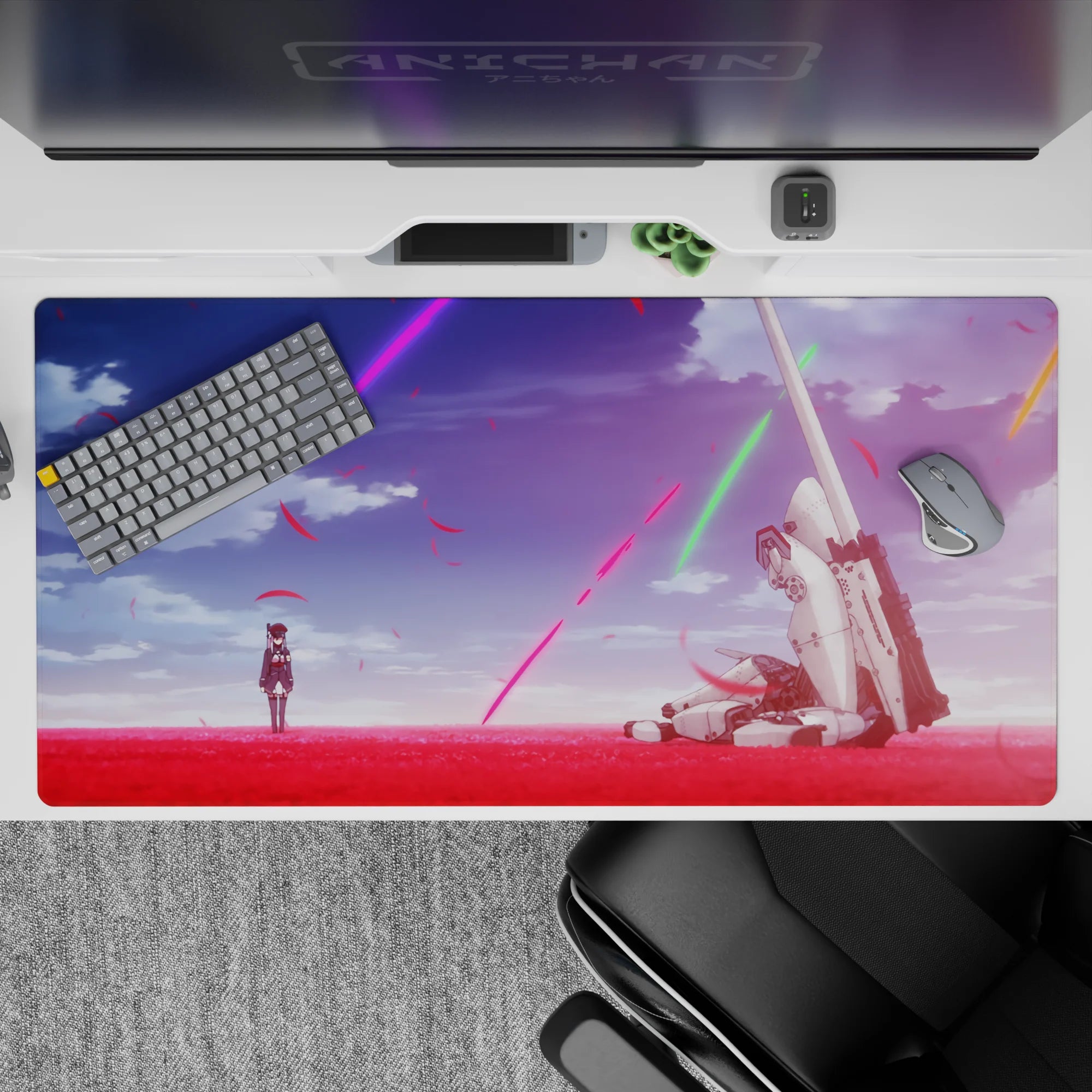 40x20 inches anime desk pad in vivid crimson and violet, neon streaks overhead, calm post-battle mood.