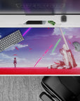 40x20 inches anime desk pad in vivid crimson and violet, neon streaks overhead, calm post-battle mood.