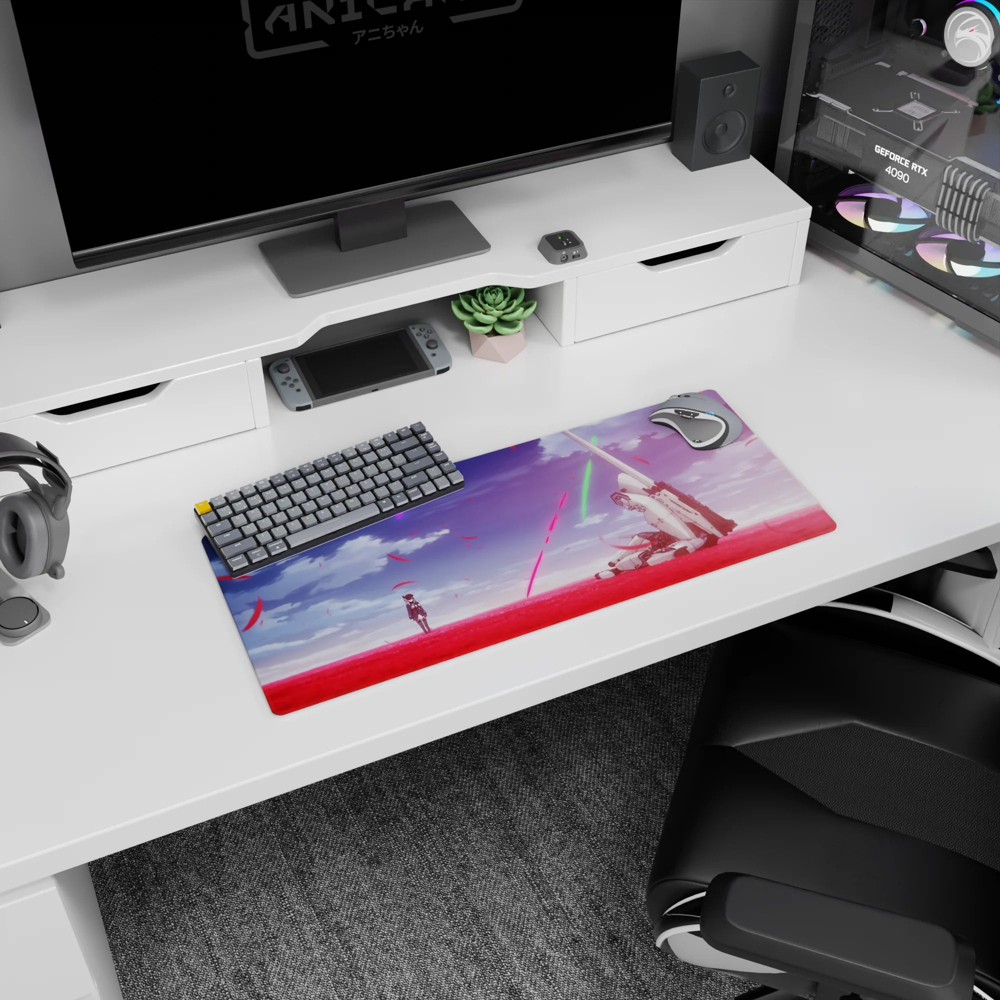 28x12 inches anime mouse pad showing a lone schoolgirl facing a battle-worn white mech in red petals.