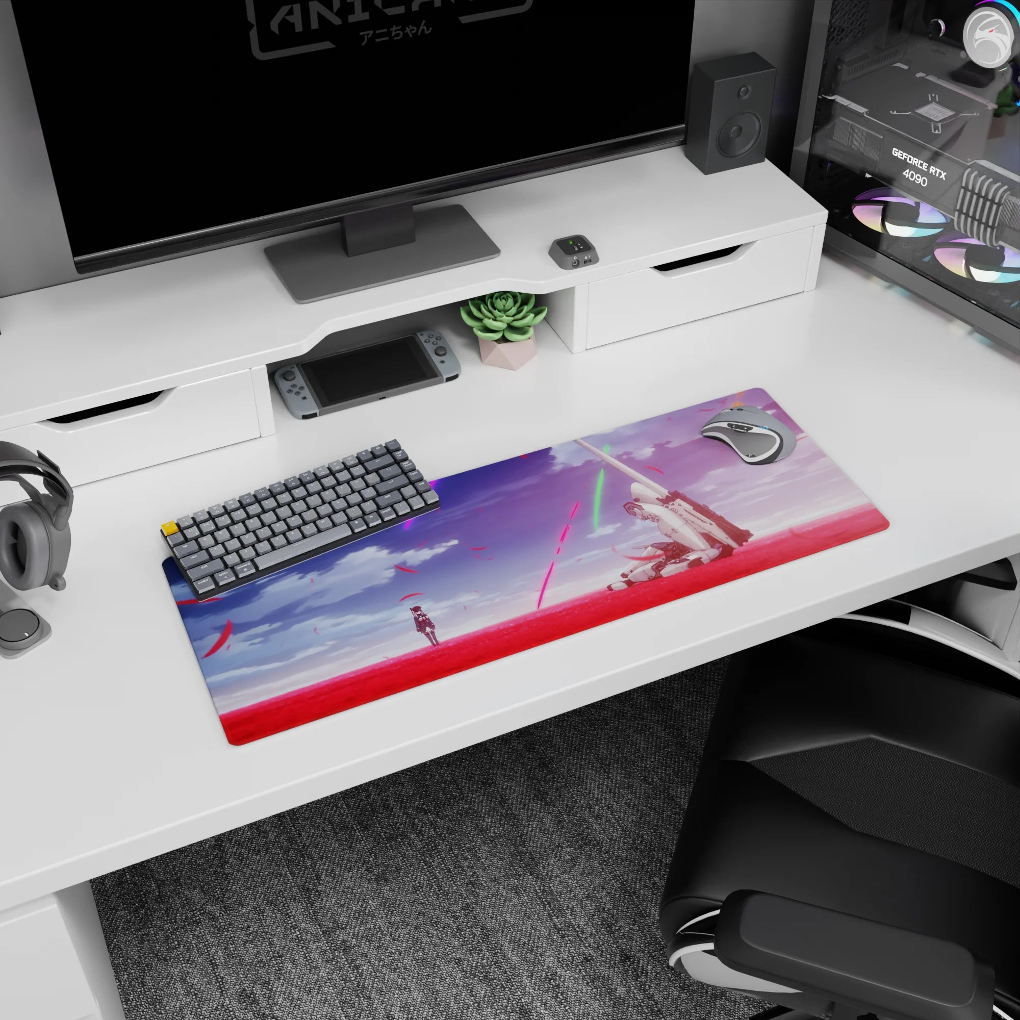 32x12 inches anime mouse pad showing lone schoolgirl facing a battle-worn white mech amid drifting petals.