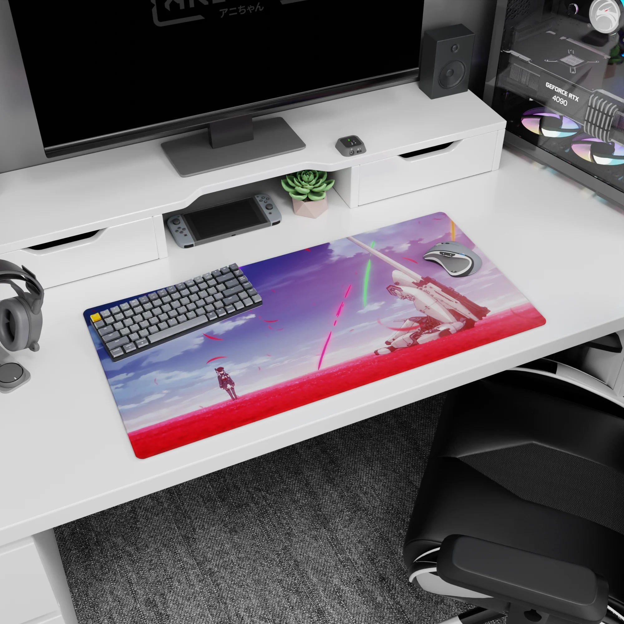 32x16 inches anime mouse pad showing a lone uniformed girl facing a battle-worn white mech amid petals.