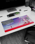 32x16 inches anime mouse pad showing a lone uniformed girl facing a battle-worn white mech amid petals.