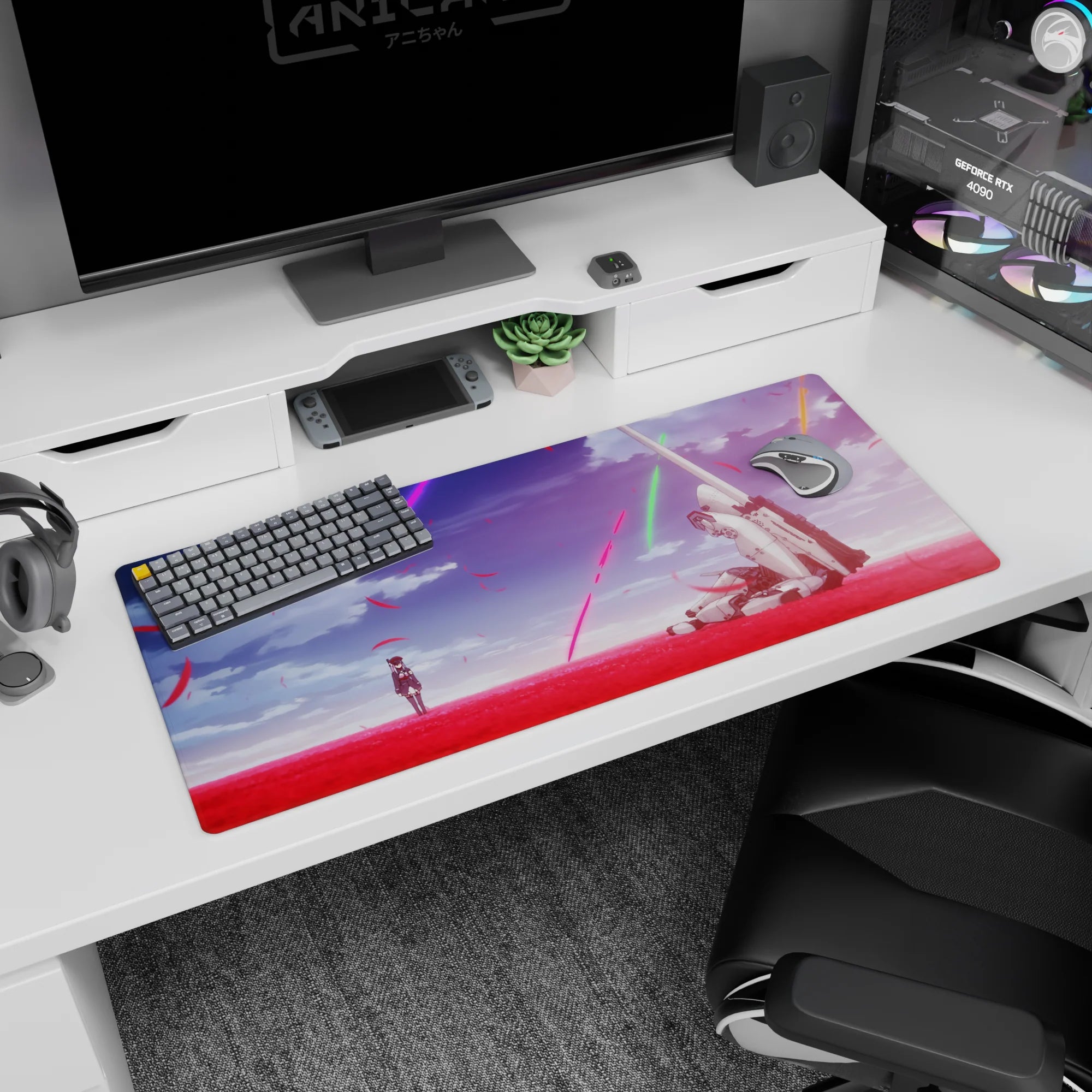 36x16 inches anime desk pad showing a lone schoolgirl facing a battle-worn white mech in a petal-filled field.