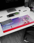 36x16 inches anime desk pad showing a lone schoolgirl facing a battle-worn white mech in a petal-filled field.