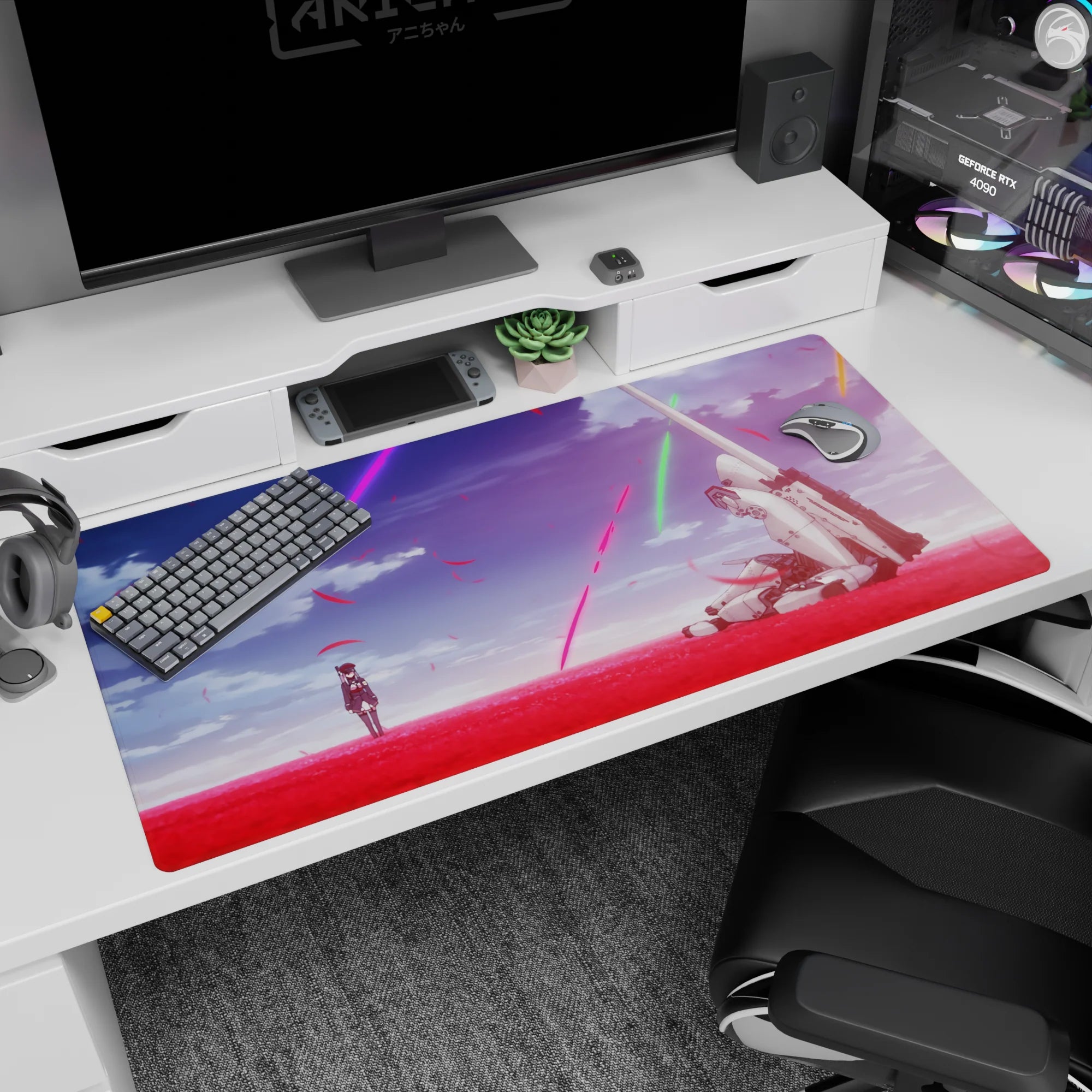 Anime desk pad 40x20 inches with lone uniformed girl facing battle-worn white mech amid drifting petals.