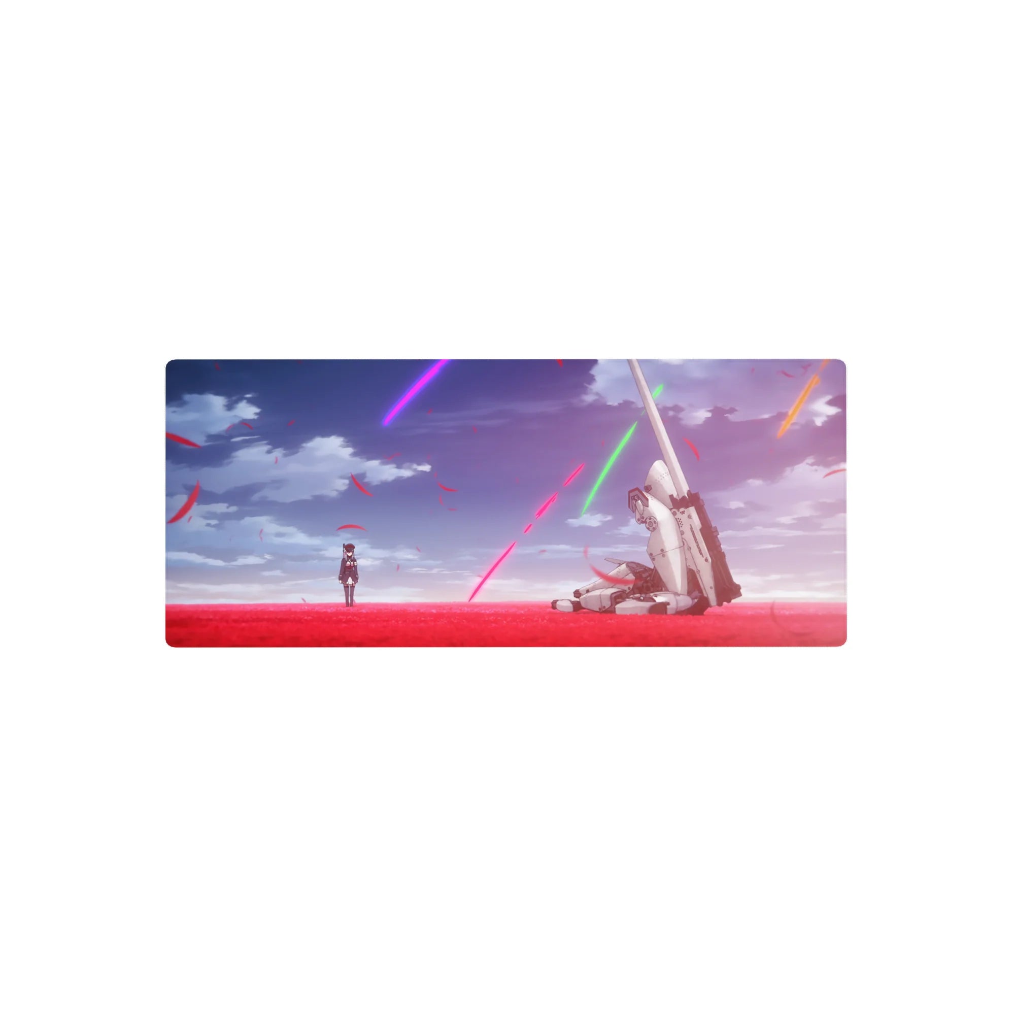 28x12 inches anime mouse pad with girl in dark uniform amid red petals and a fallen white mech.